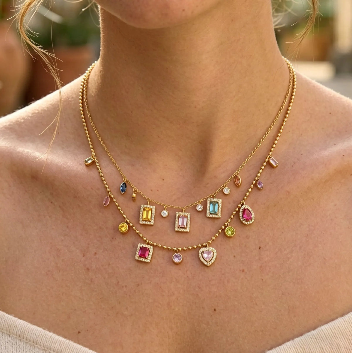 Waterproof Rainbow Charm Layered Necklace