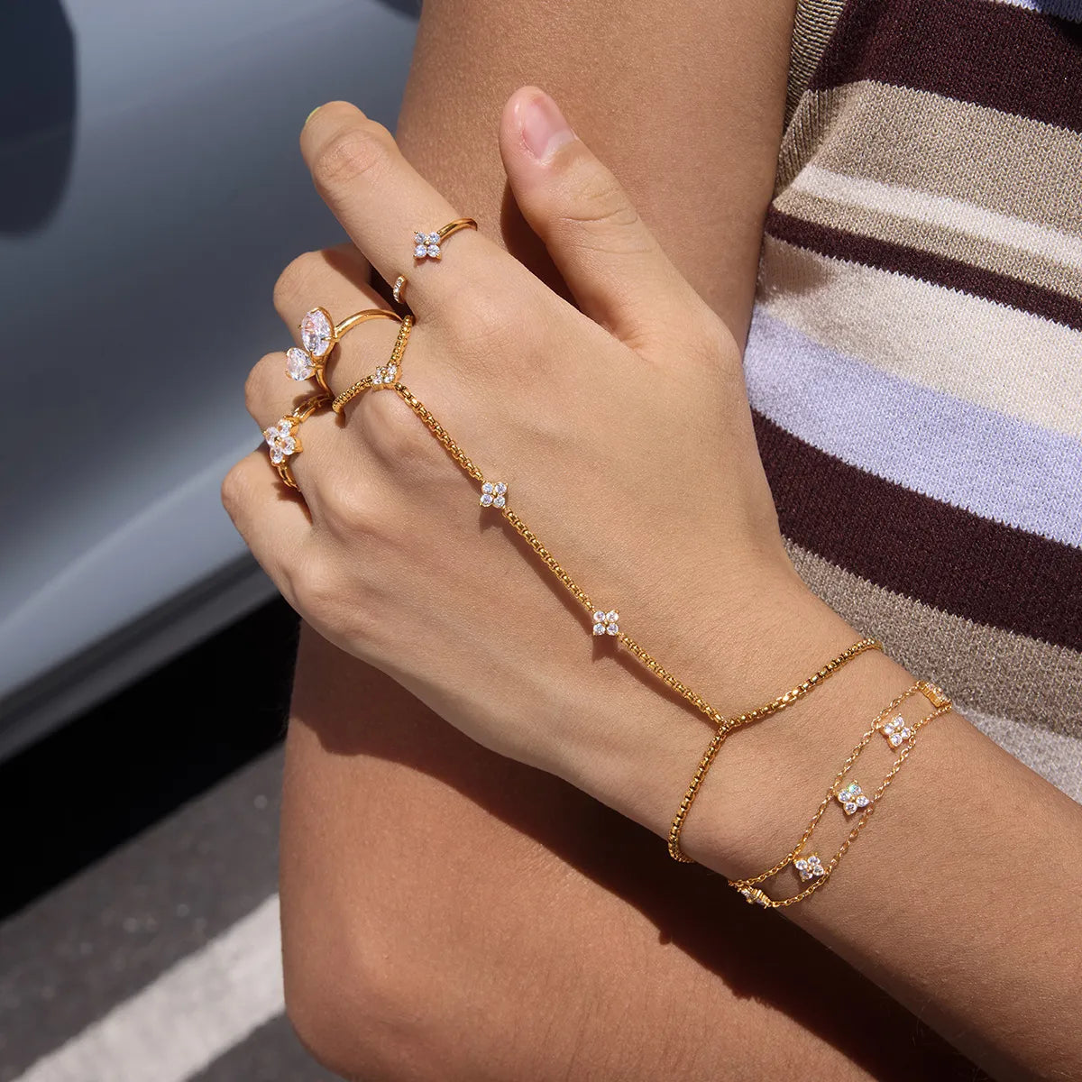 Waterproof Floral Hand Chain Bracelet with Ring