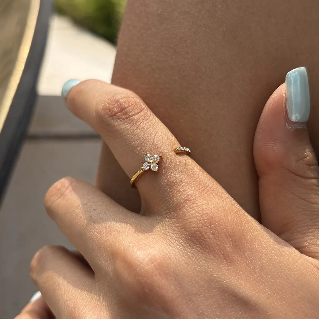 Four-Petal Zirconia Open Ring – Waterproof 18K Gold