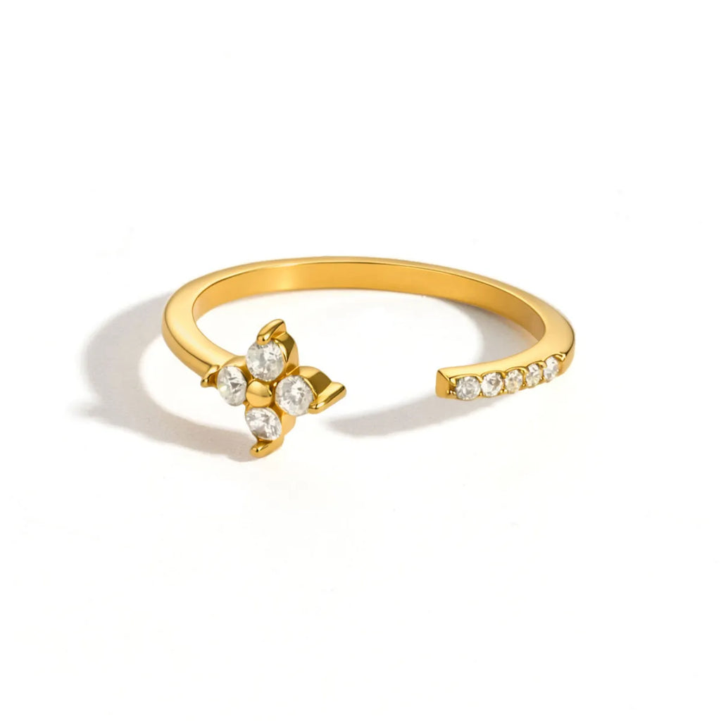 Four-Petal Zirconia Open Ring – Waterproof 18K Gold