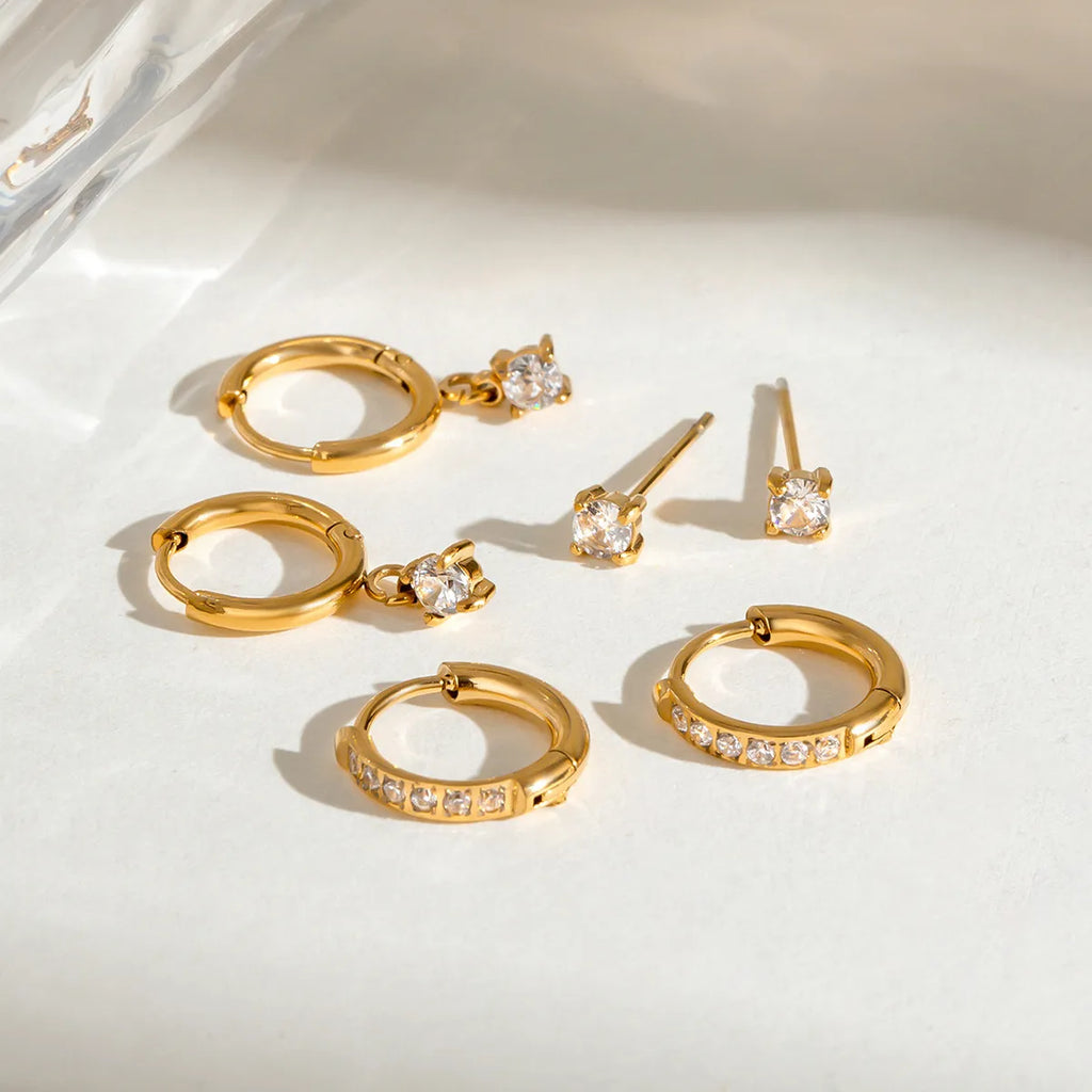 Waterproof 3-Piece CZ Huggie & Stud Earring Set