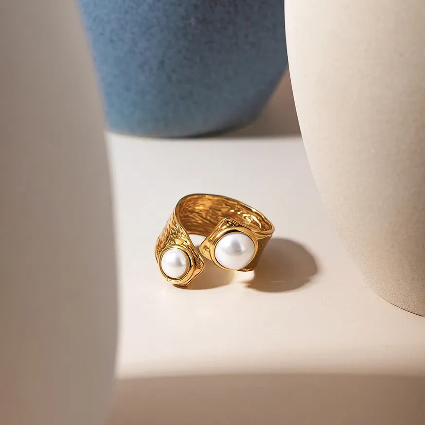 Chunky Textured Pearl Open Ring – Waterproof 18K Gold