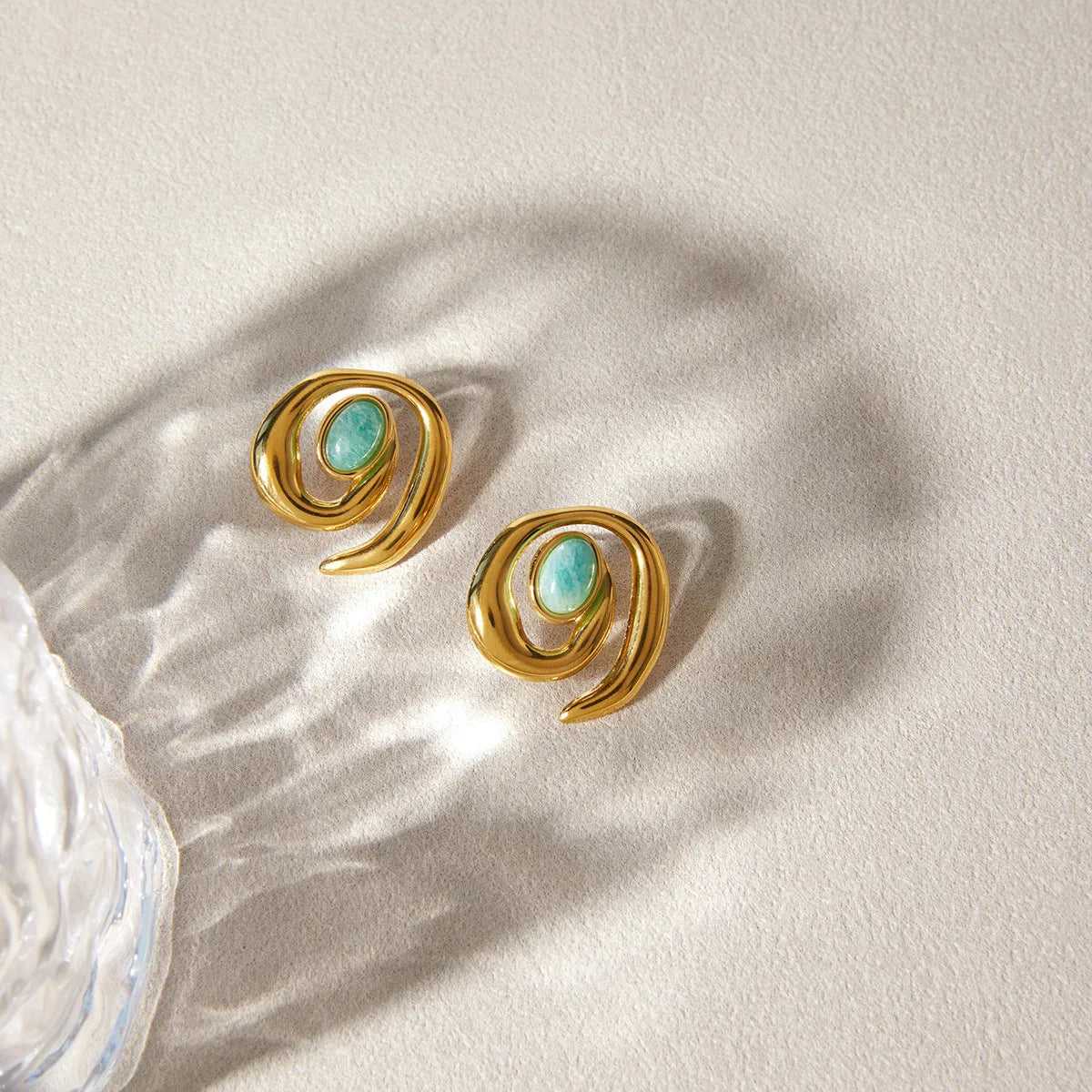 Waterproof Amazonite Gold Ocean Swirl Studs