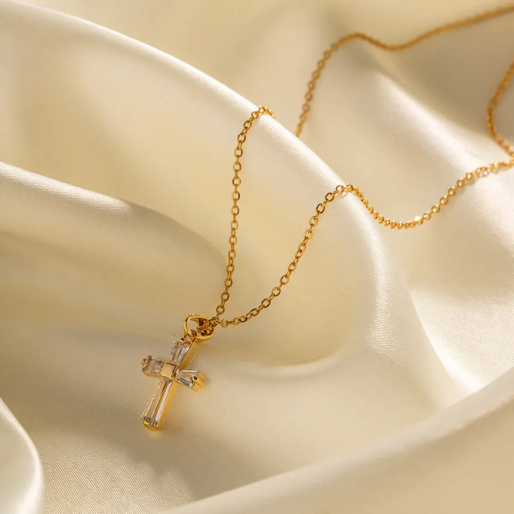 Waterproof Gold Baguette CZ Cross Necklace