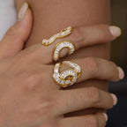 Waterproof Stainless Steel Baguette CZ Statement Rings | Gold Wavy Abstract Open Bands