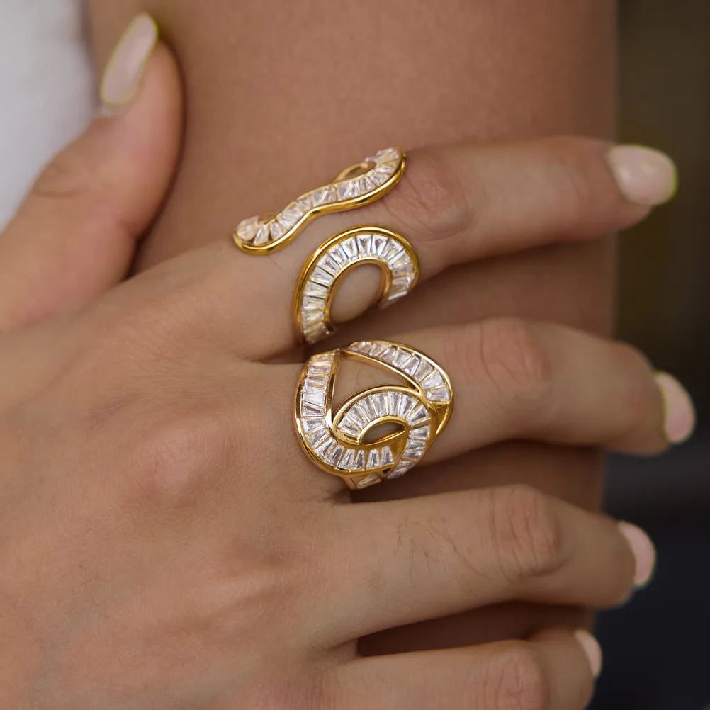 Waterproof Stainless Steel Baguette CZ Statement Rings | Gold Wavy Abstract Open Bands