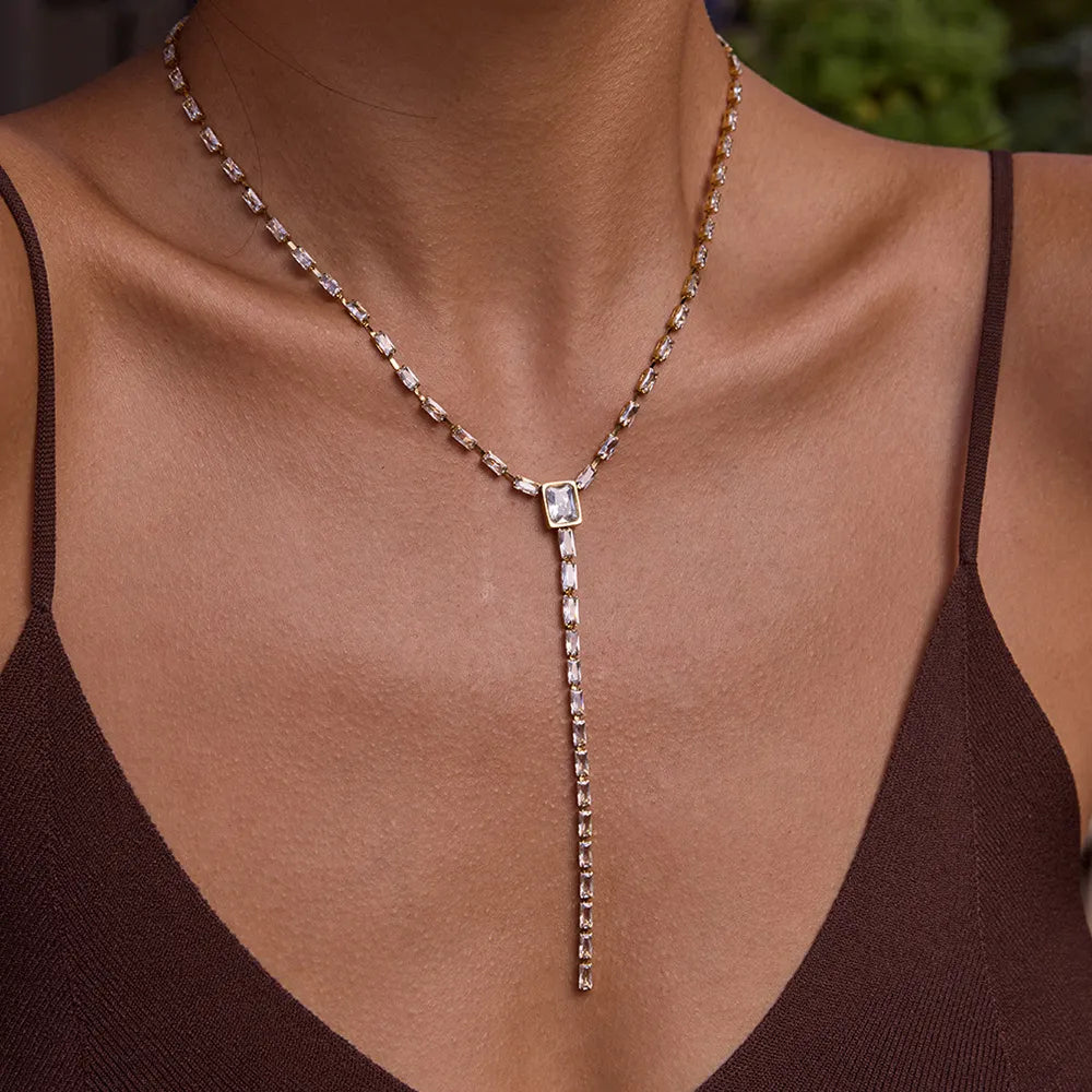 Waterproof Baguette CZ Lariat  Y-Necklace