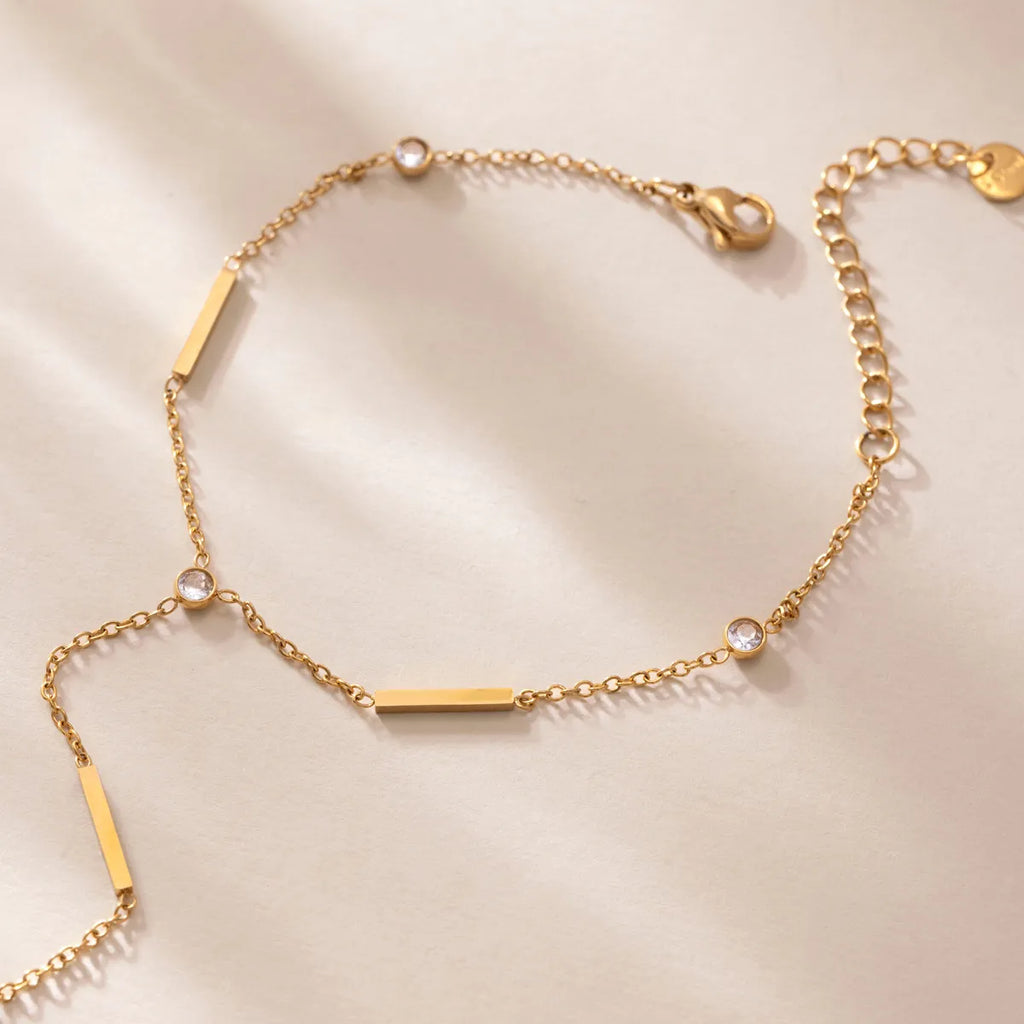 Bar & CZ Geometric Hand Chain Bracelet with Ring – Waterproof 18K Gold