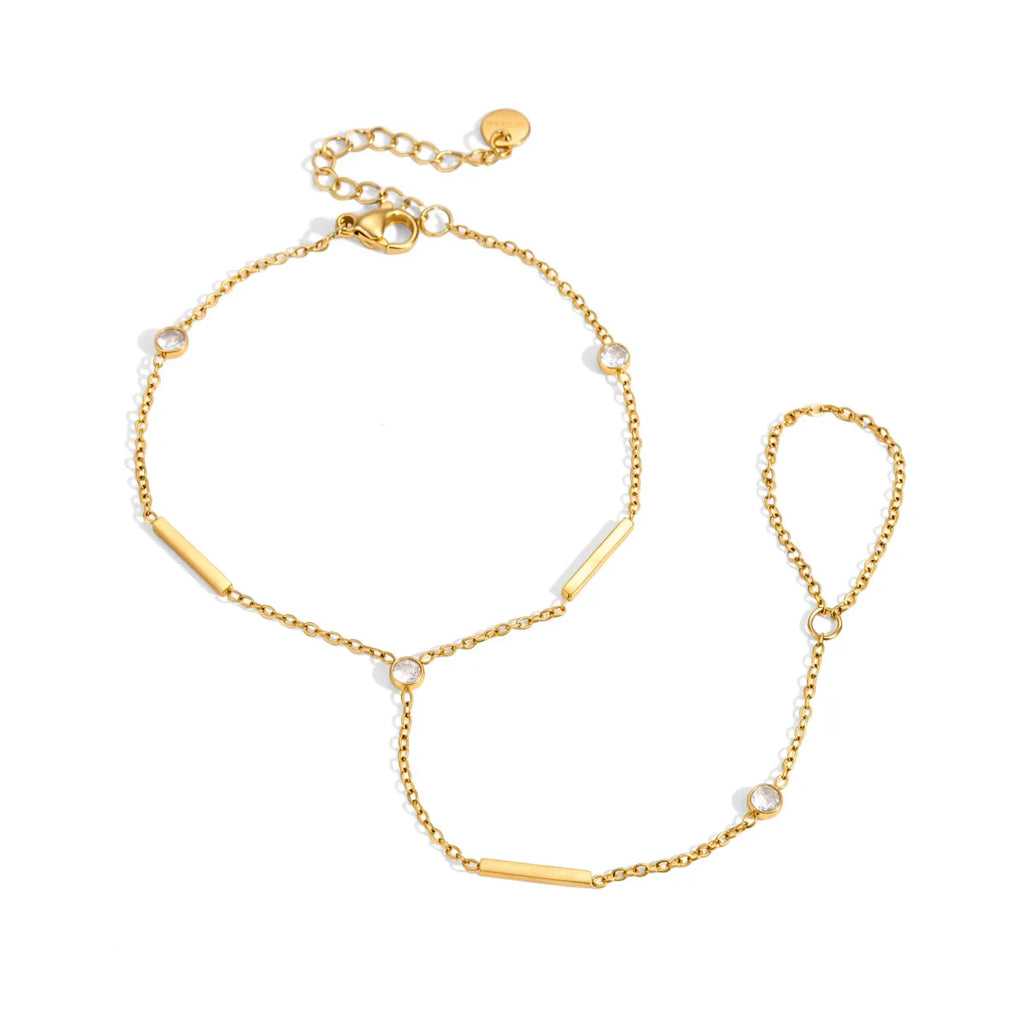 Bar & CZ Geometric Hand Chain Bracelet with Ring – Waterproof 18K Gold