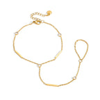 Bar & CZ Geometric Hand Chain Bracelet with Ring – Waterproof 18K Gold