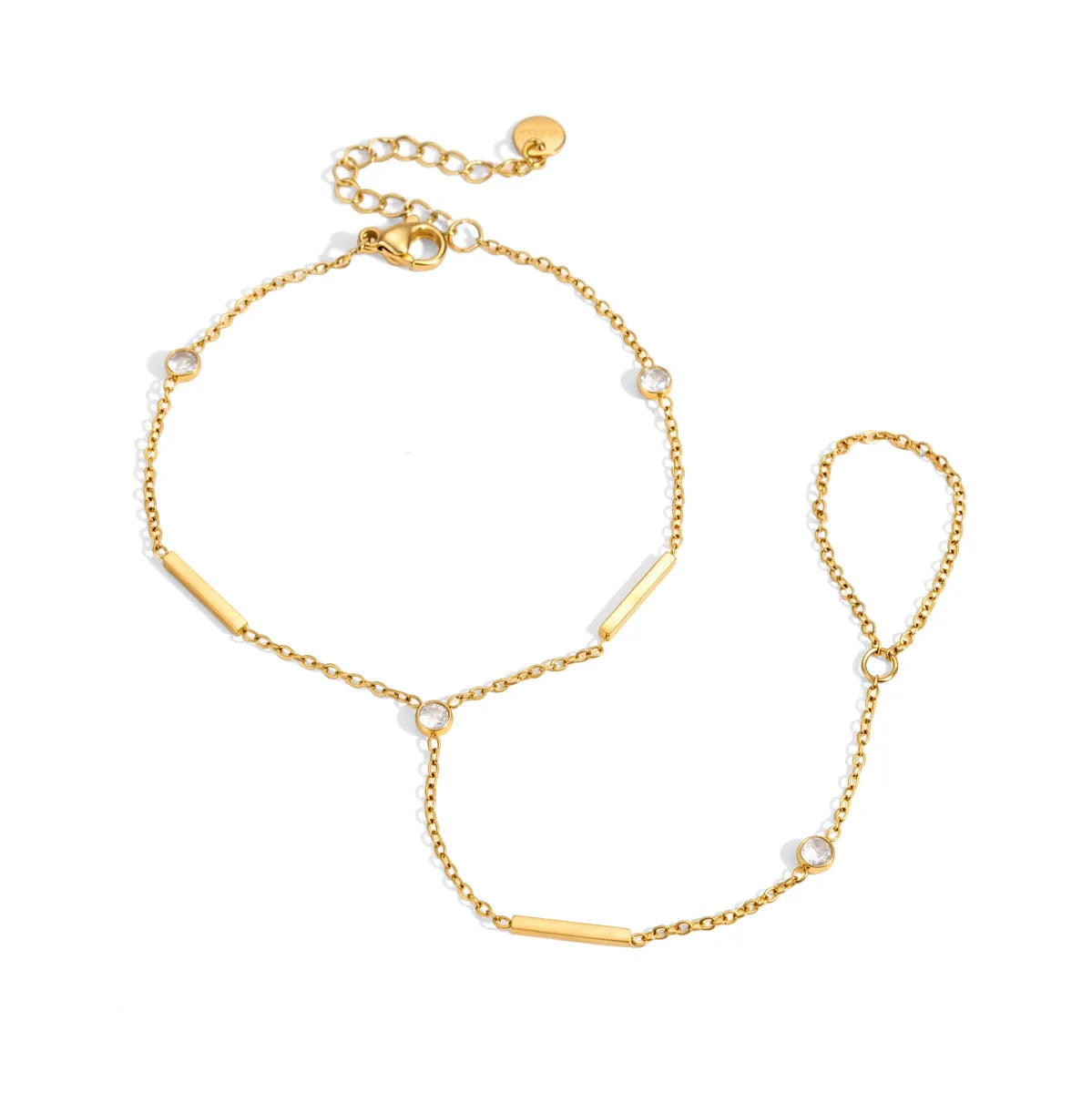 Bar & CZ Geometric Hand Chain Bracelet with Ring – Waterproof 18K Gold