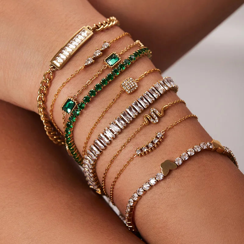 Waterproof Gold Station Chain Green CZ Bracelet