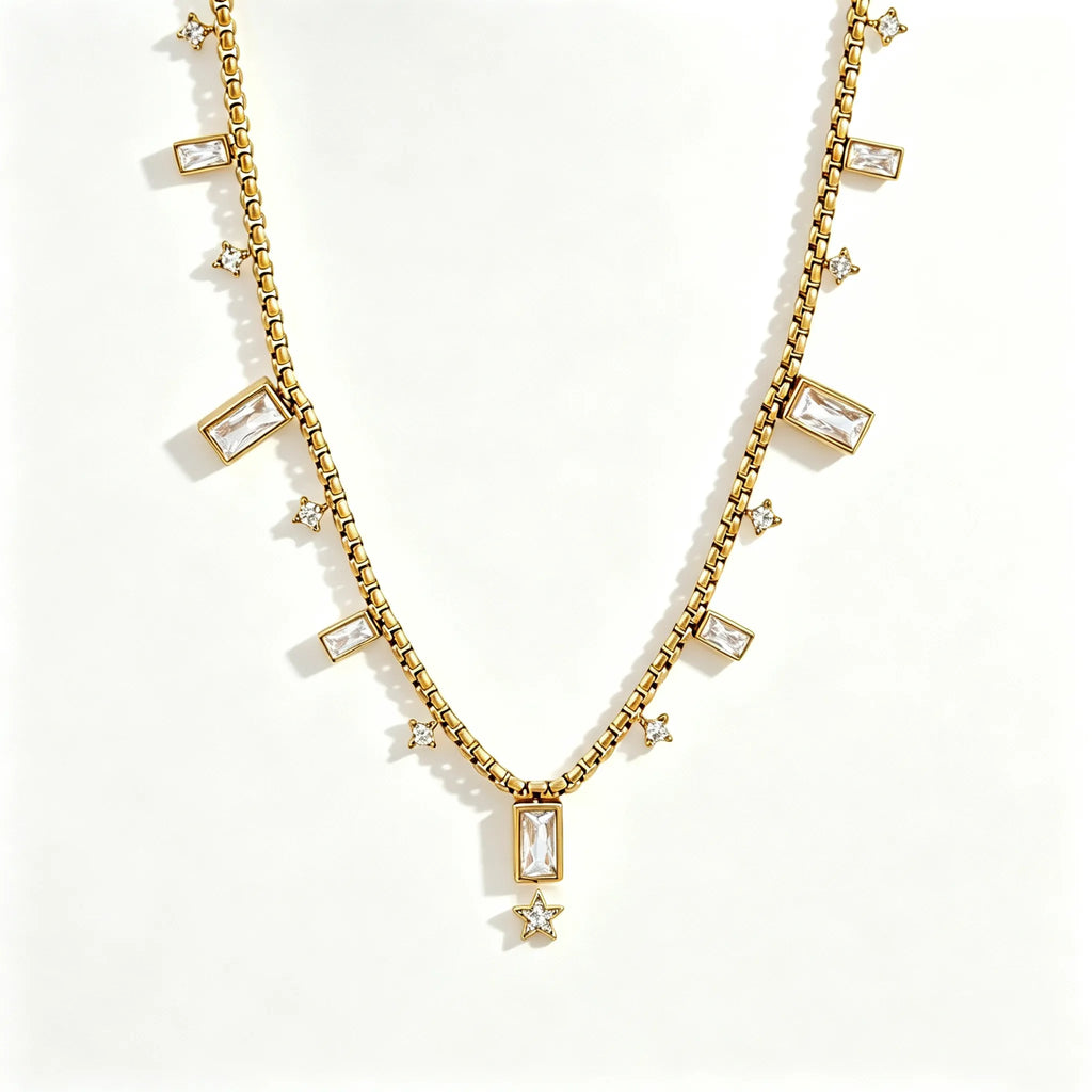 Waterproof CZ Station Necklace