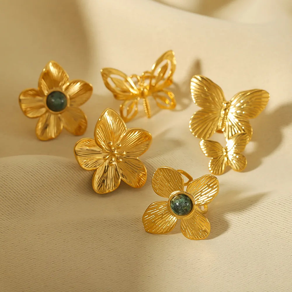 Waterproof Gold Butterfly & Flower Open Rings