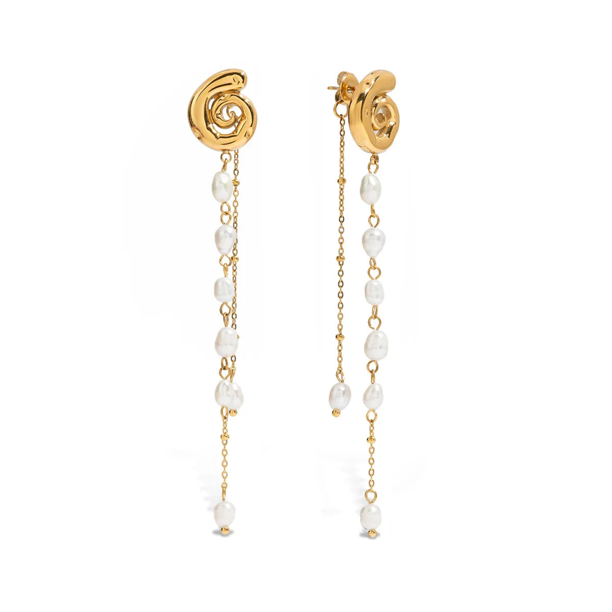 Waterproof Spiral Chain Tassel Pearl Drop Earrings