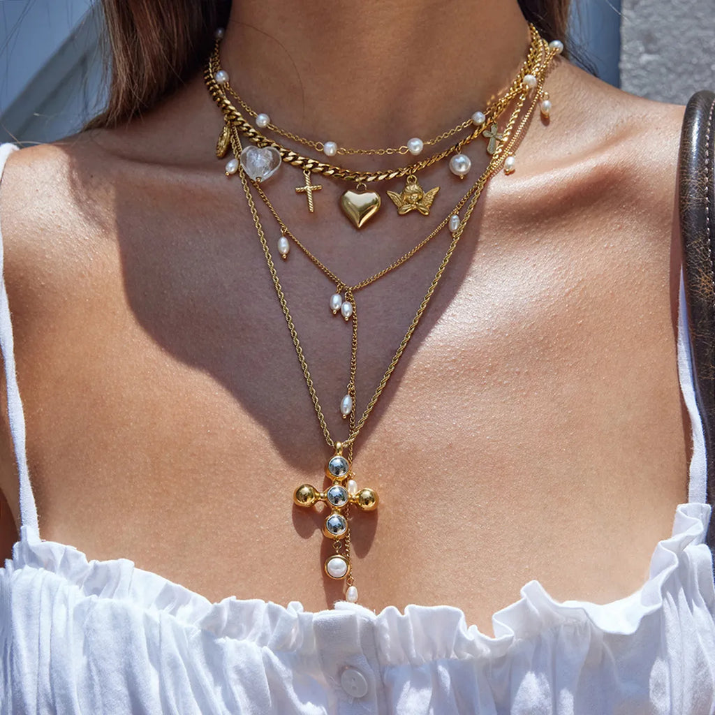 Waterproof Stainless Steel Chunky Charm Necklace | Gold Cross & Heart Layered Chain