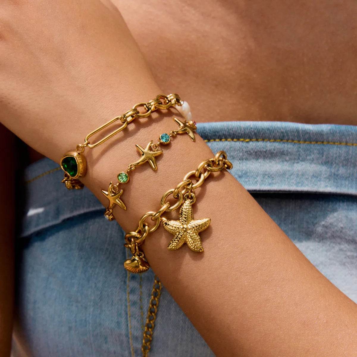 Ocean Starfish Zirconia Charm Bracelet – Waterproof 18K Gold