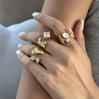 Waterproof Stainless Steel Chunky CZ Statement Ring | Gold Geometric Open Band