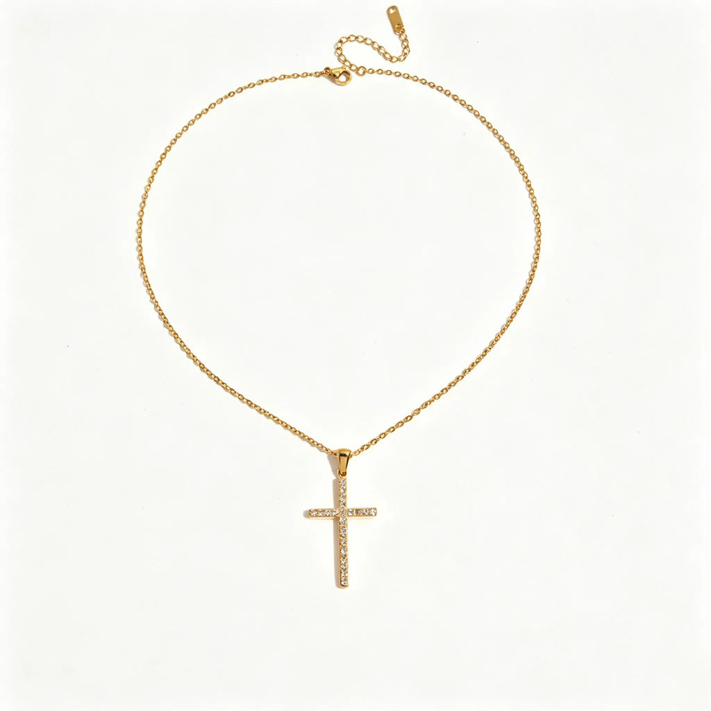 Waterproof Cross Pave CZ Pendant Necklace