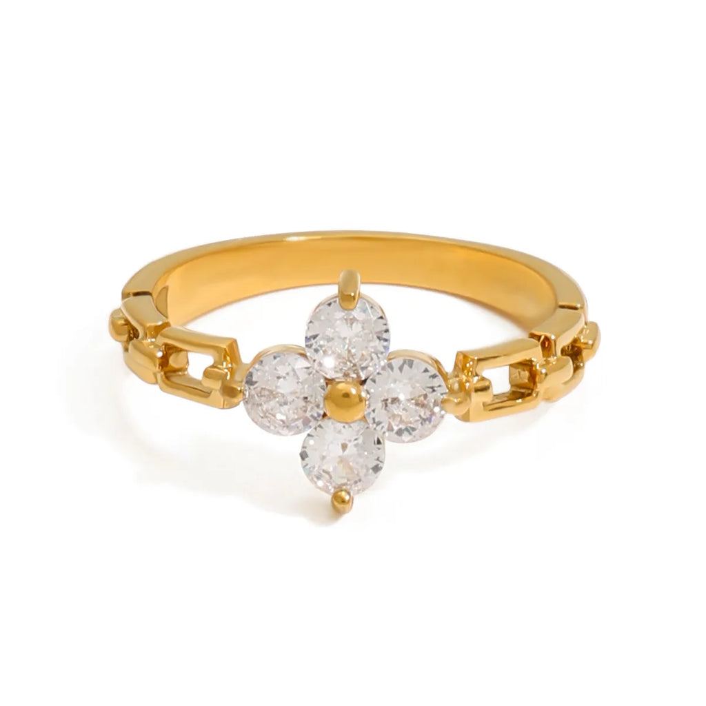 Clean Girl CZ Clover Chain Band Ring – Waterproof 18K Gold