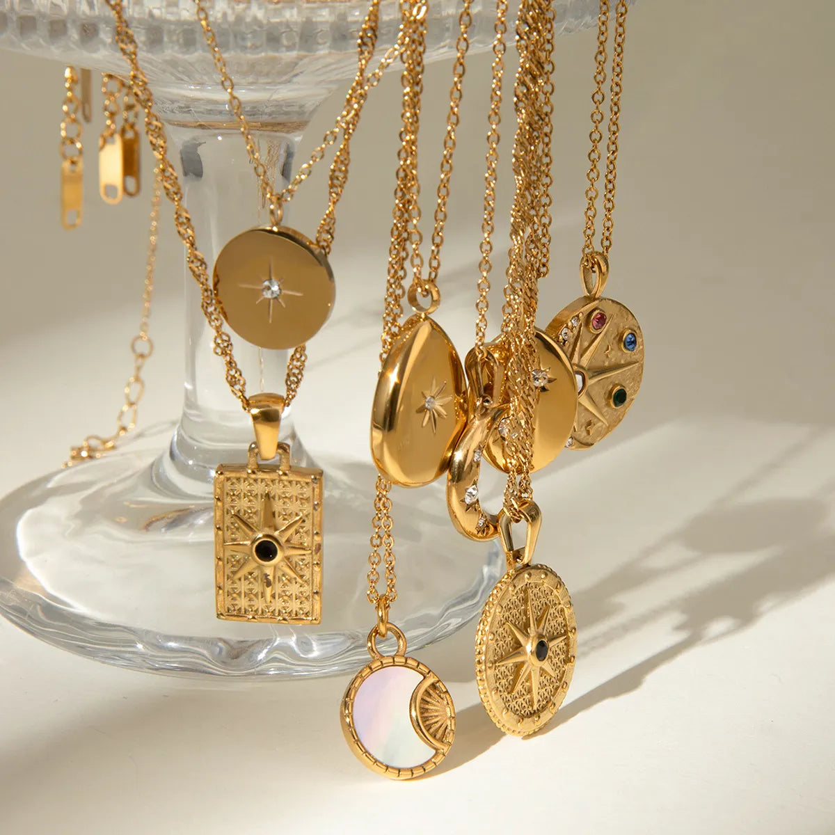 Waterproof Gold CZ Coin Pendant Celestial Necklace