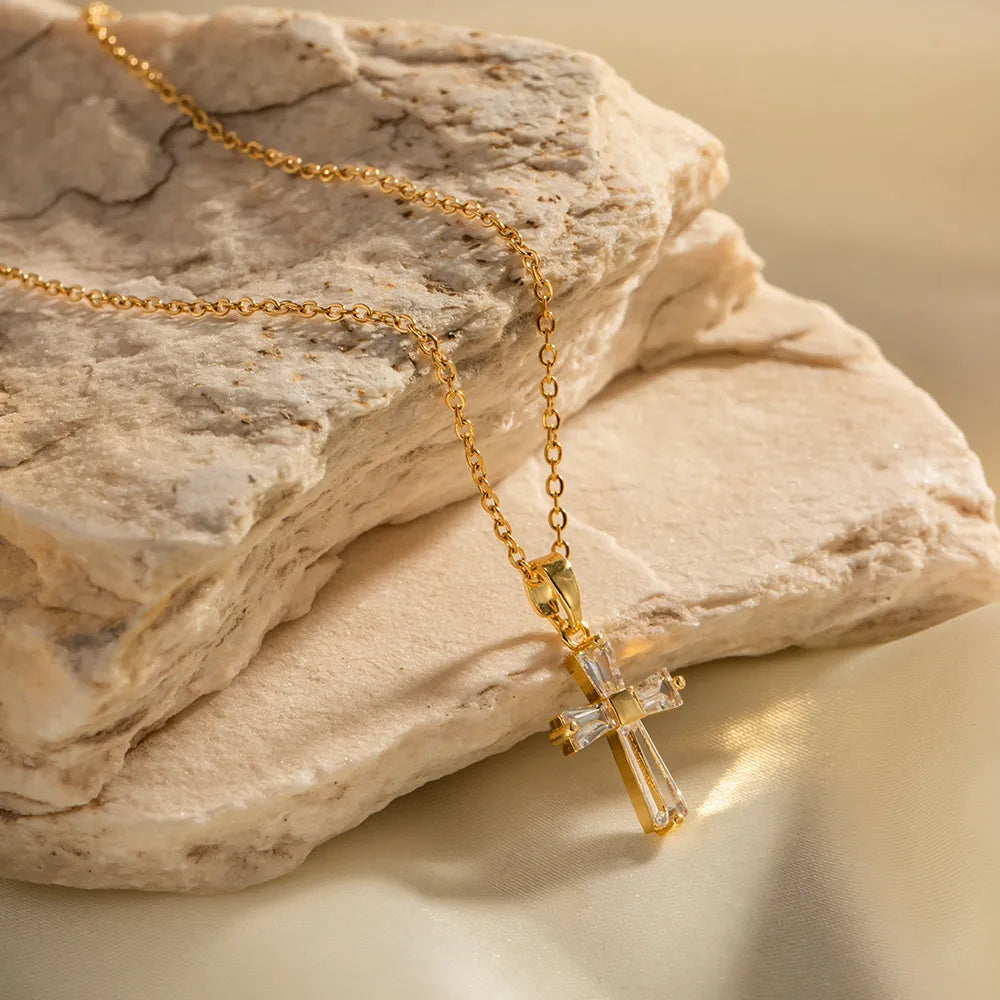 Waterproof Gold Baguette CZ Cross Necklace