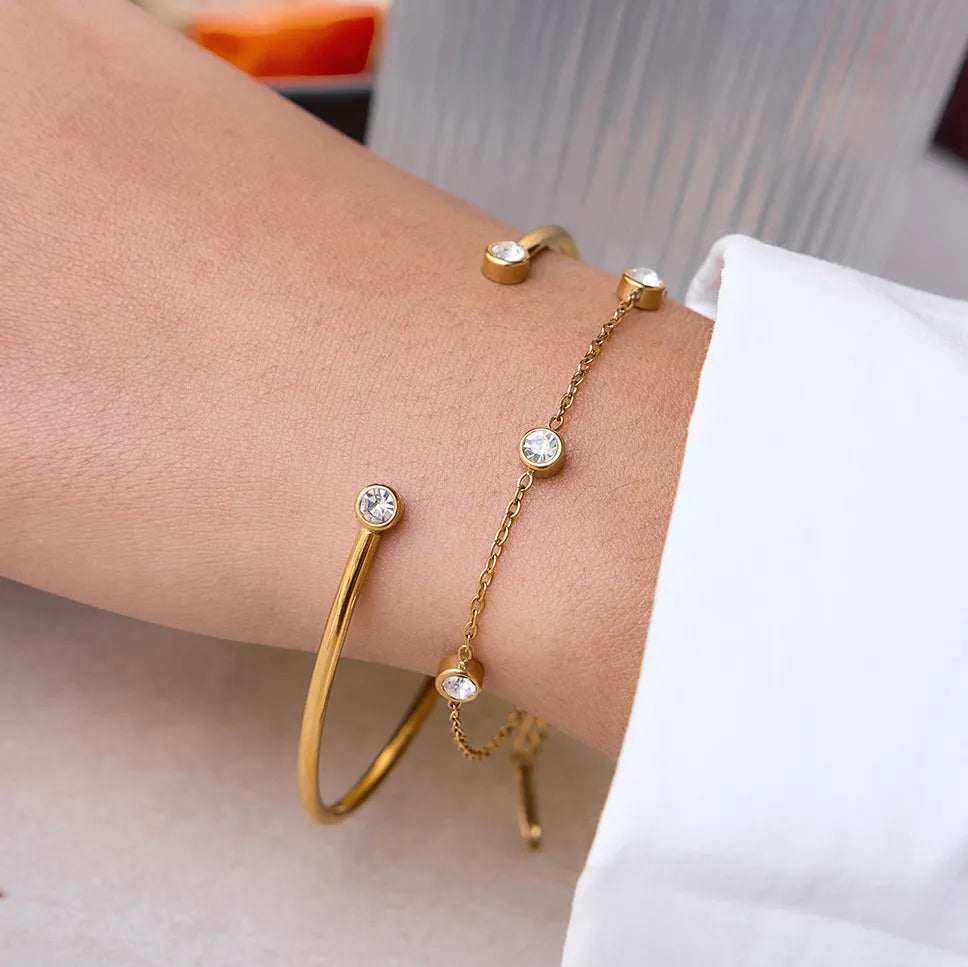 Waterproof Gold Bezel Bangle & Chain CZ Bracelet Set