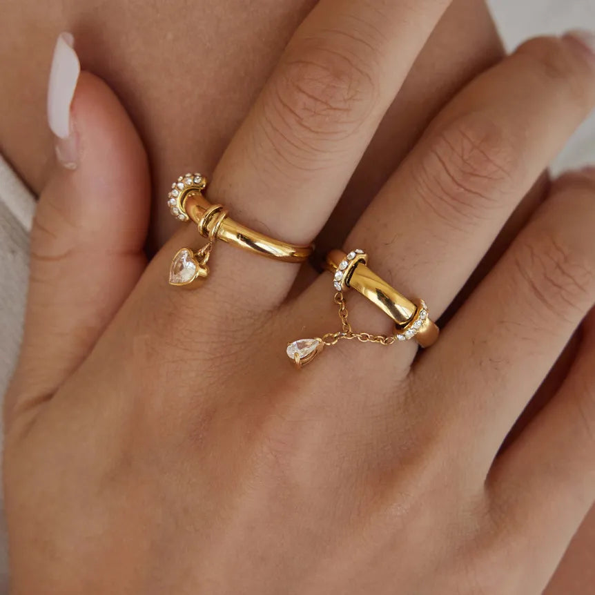 Waterproof Gold Dangle CZ Ring