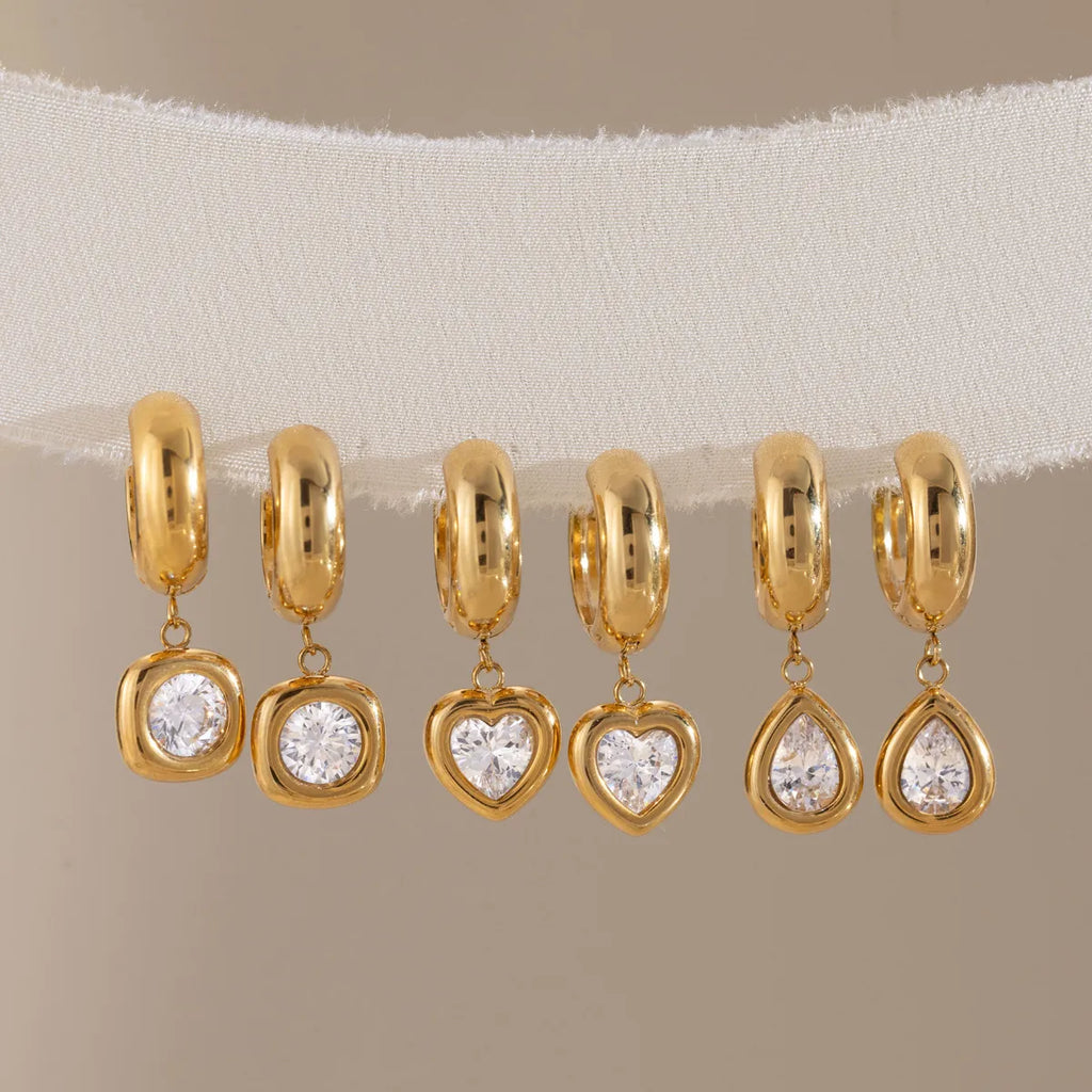 CZ Drop Huggie Earrings – Heart, Pear & Cushion | Waterproof 18K Gold