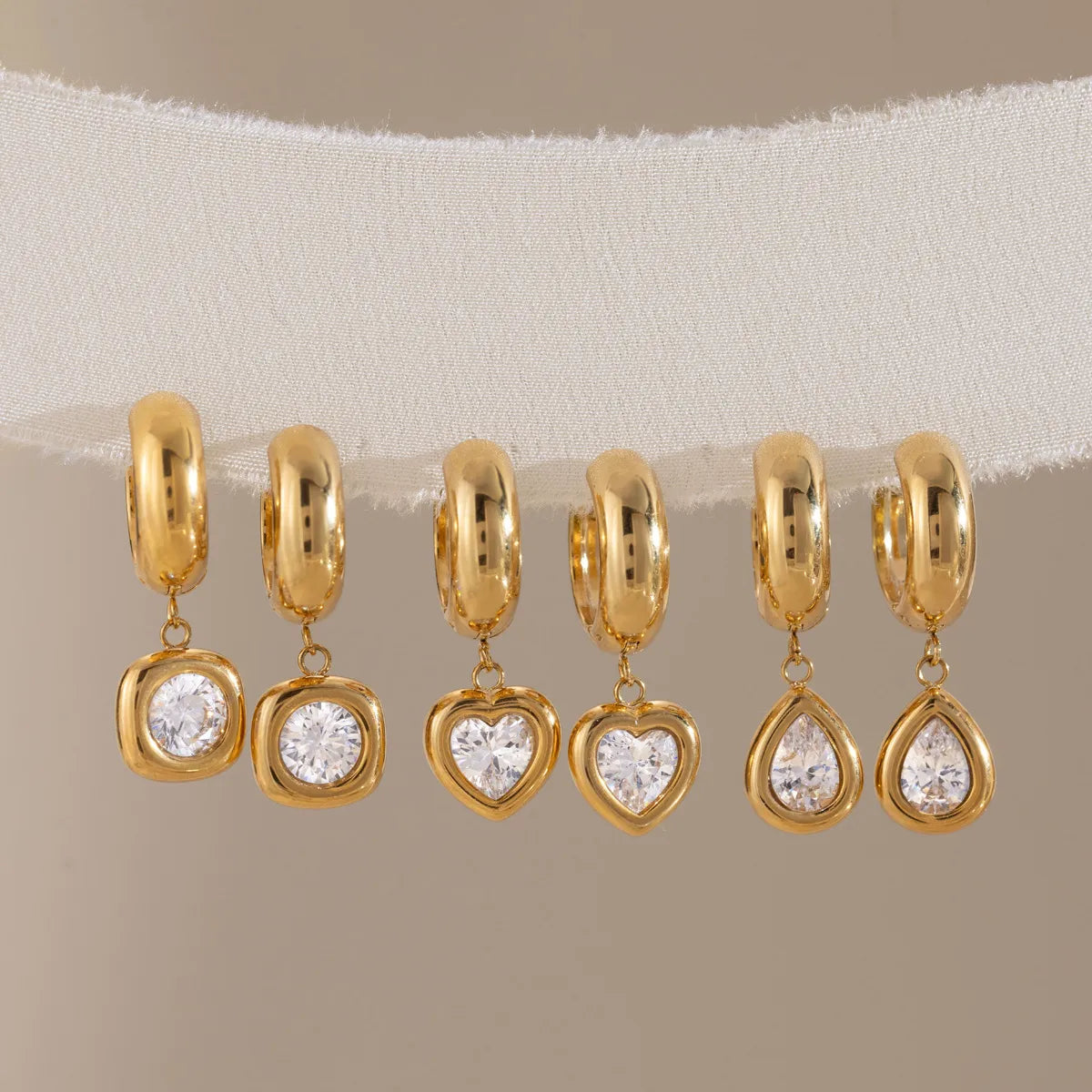 CZ Drop Huggie Earrings – Heart, Pear & Cushion | Waterproof 18K Gold
