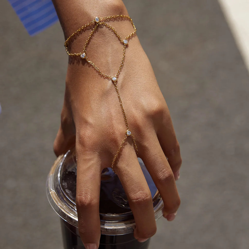 Waterproof CZ Hand Chain Layered Bracelet with Ring