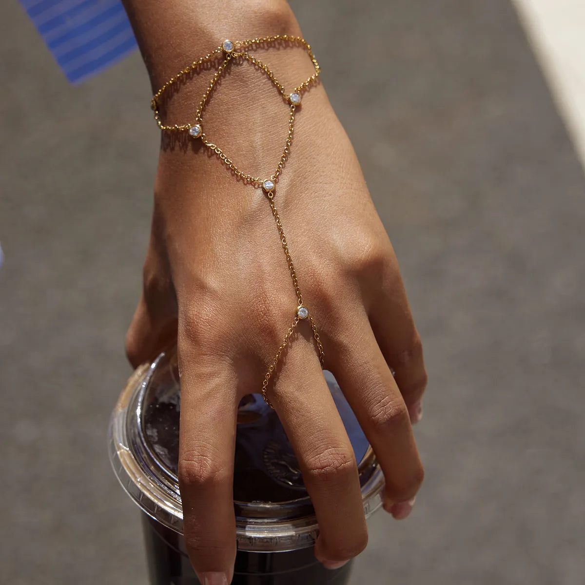 Waterproof CZ Hand Chain Layered Bracelet with Ring