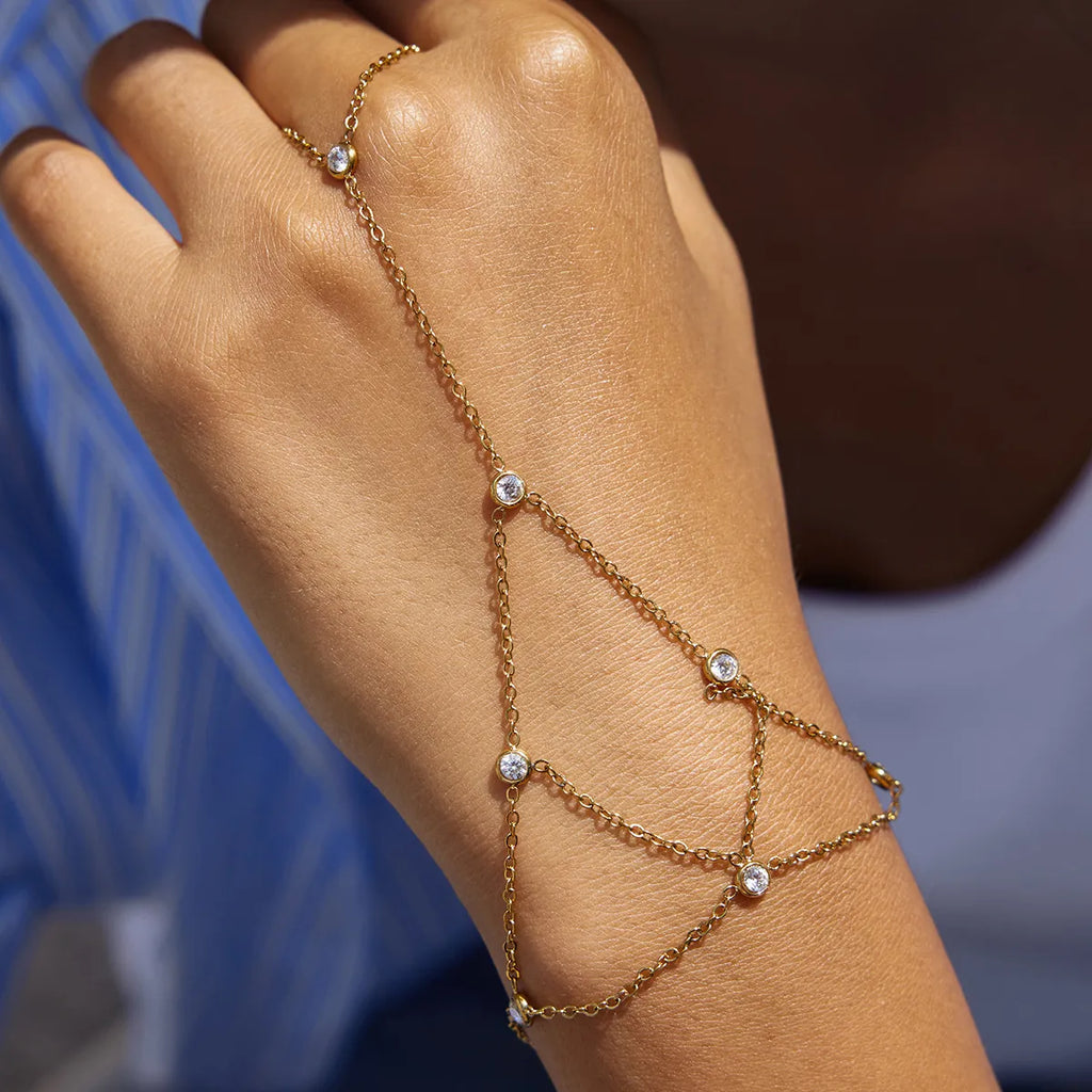 Waterproof CZ Hand Chain Layered Bracelet with Ring