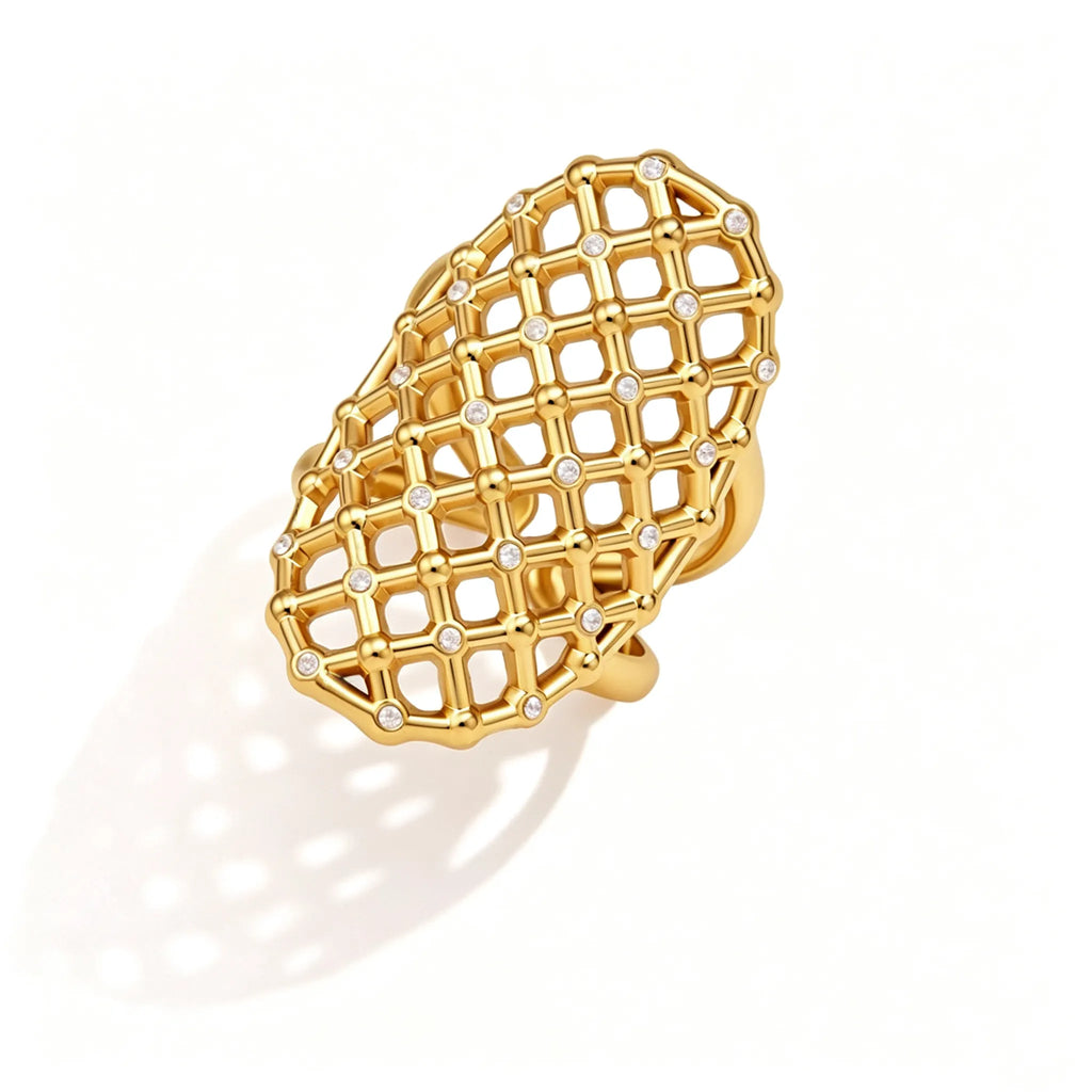 Waterproof Stainless Steel Sculptural Statement Rings | Gold CZ Lattice & Spiral Coil Bands