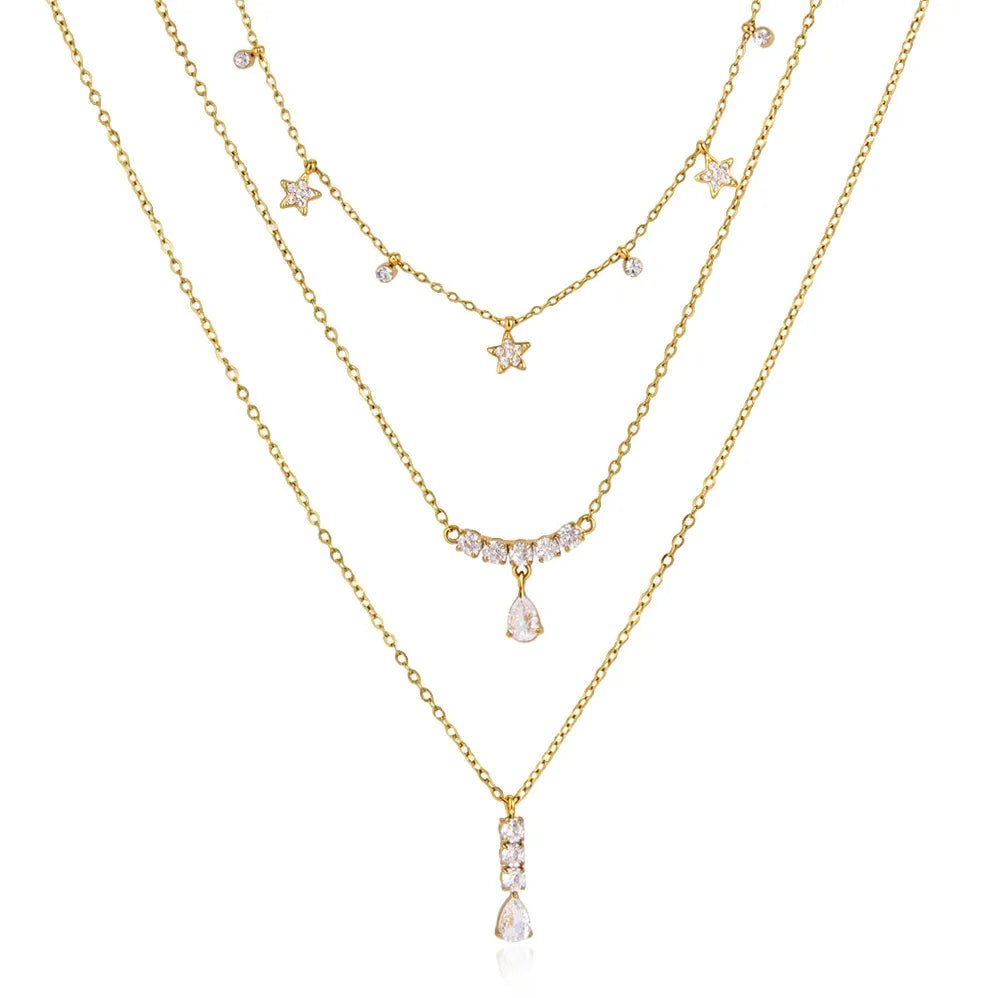 Waterproof Dainty Star & Drop Pendants CZ Layering Necklace