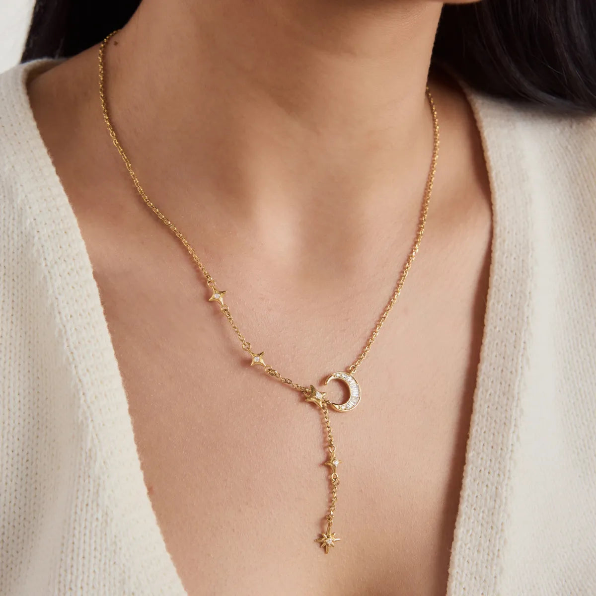 Waterproof Moon & Star Lariat Y-Necklace