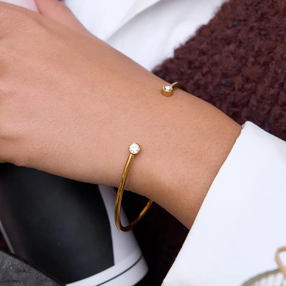 Waterproof Gold Bezel Bangle & Chain CZ Bracelet Set