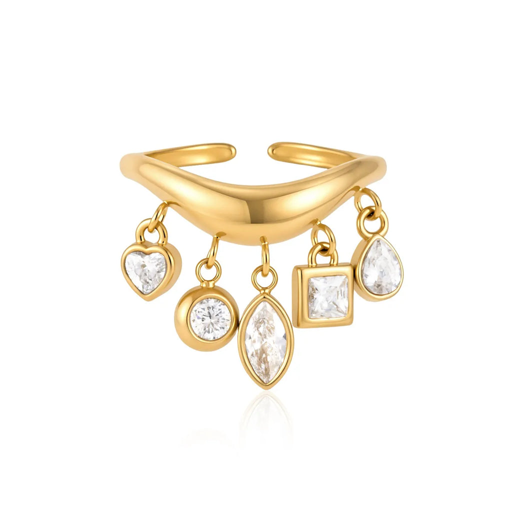 Dangling Multi-Cut CZ Charm Open Ring – Waterproof 18K Gold