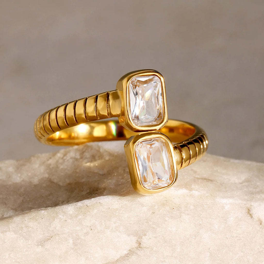 Waterproof Gold Ribbed Open Band Dual CZ Ring