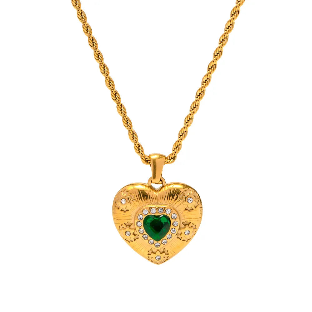 Waterproof Vintage Emerald Heart Necklace