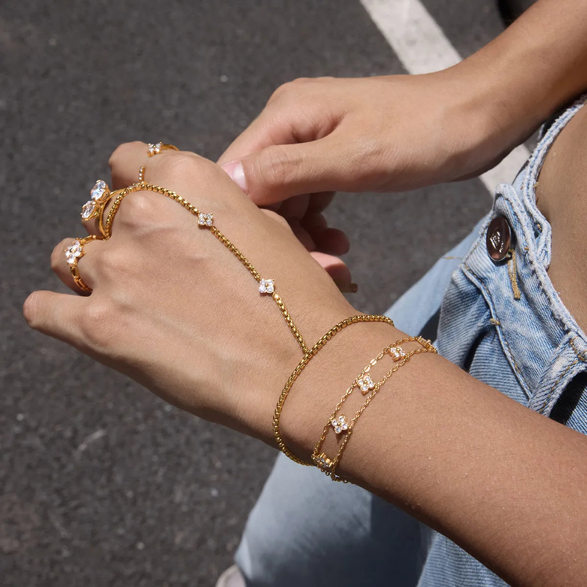 Waterproof Floral Hand Chain Bracelet with Ring