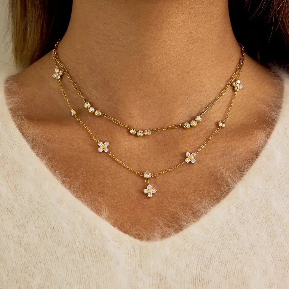 Waterproof Dainty Layering Chain Floral CZ Necklace