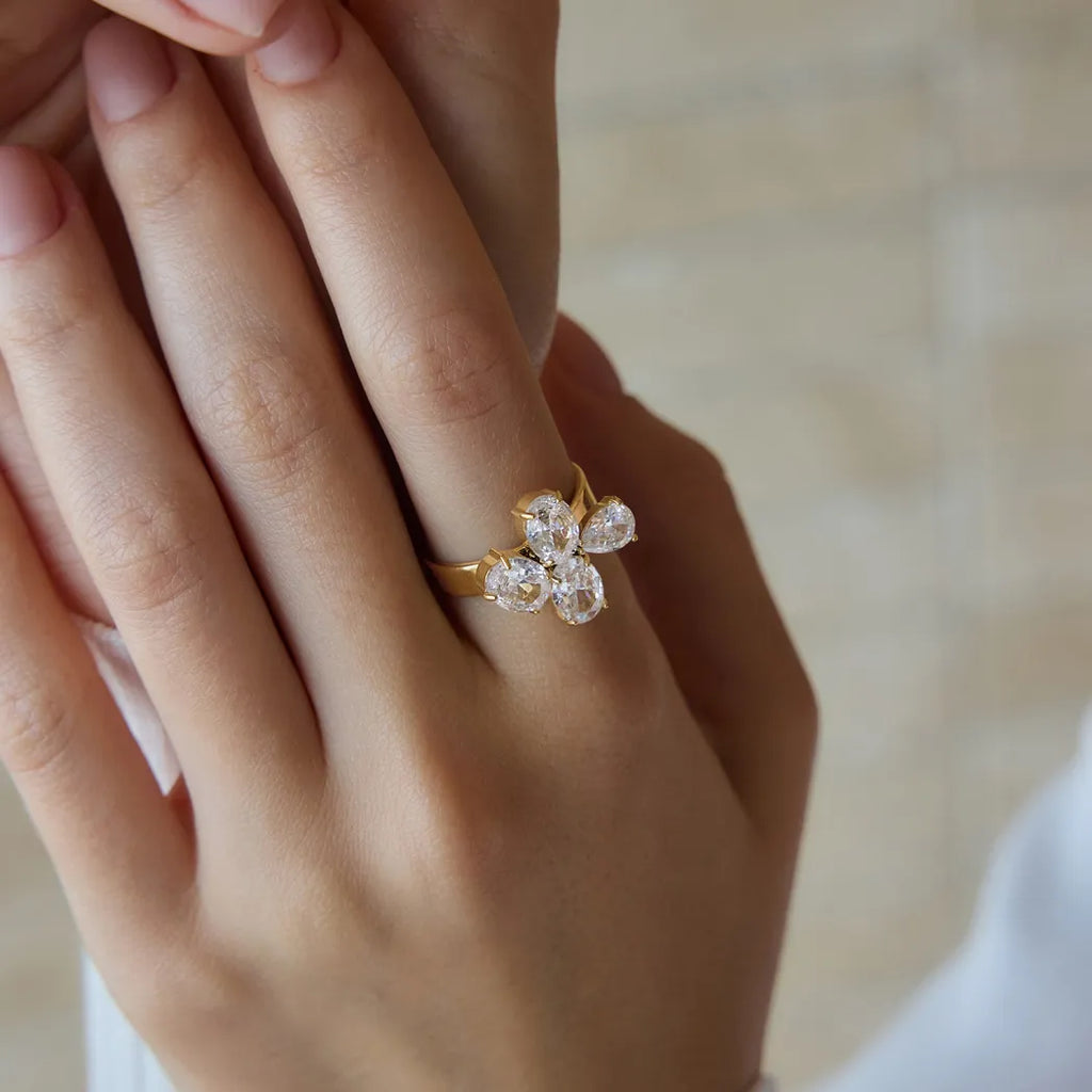 Waterproof Stainless Steel Pear CZ Clover Ring