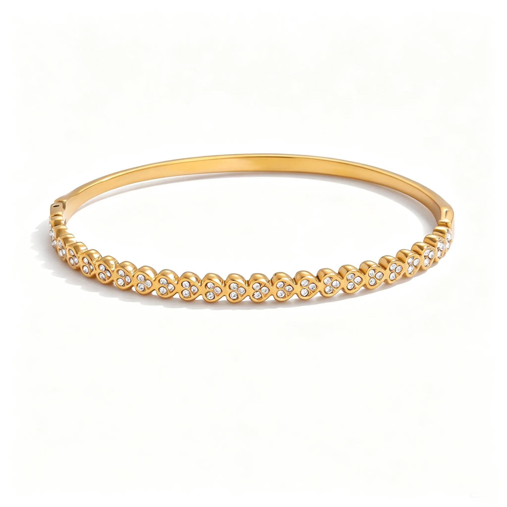 Zirconia Wave & Heart Hinged Bangle – Waterproof 18K Gold