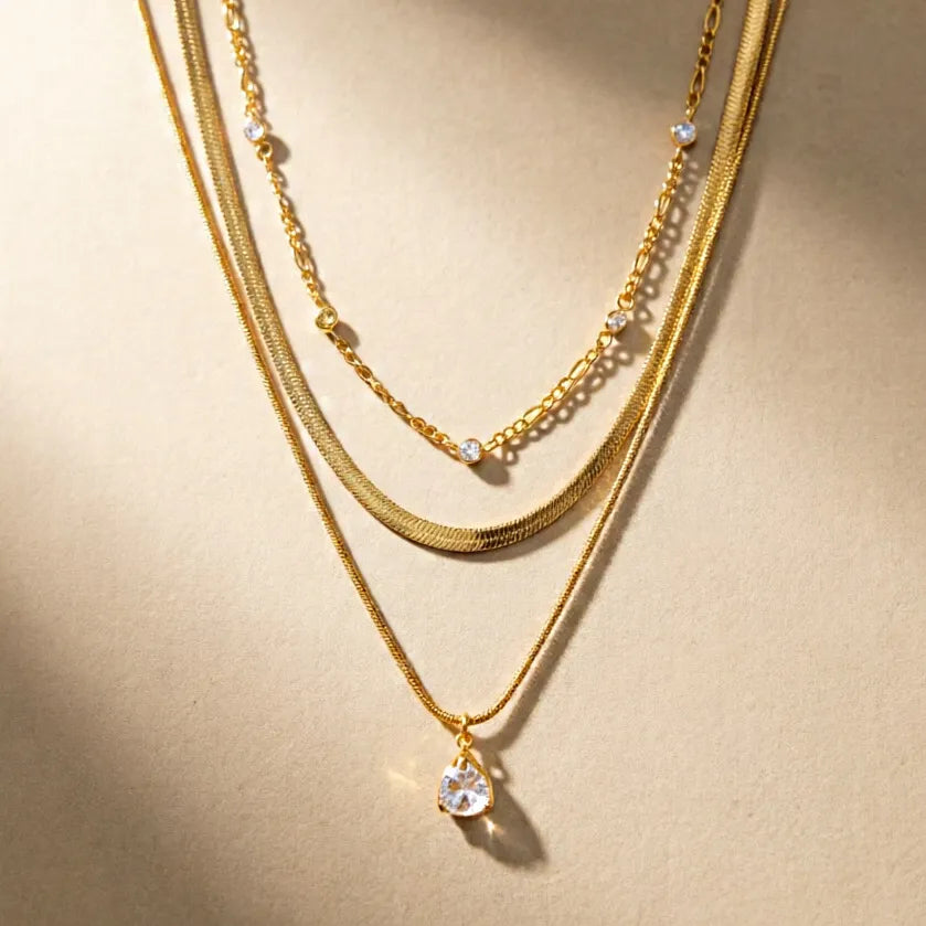 Waterproof Gold Herringbone & CZ Drop Layered Necklace