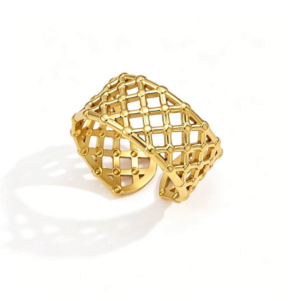 Waterproof Sculptural Grid & Wavy CZ Open Ring