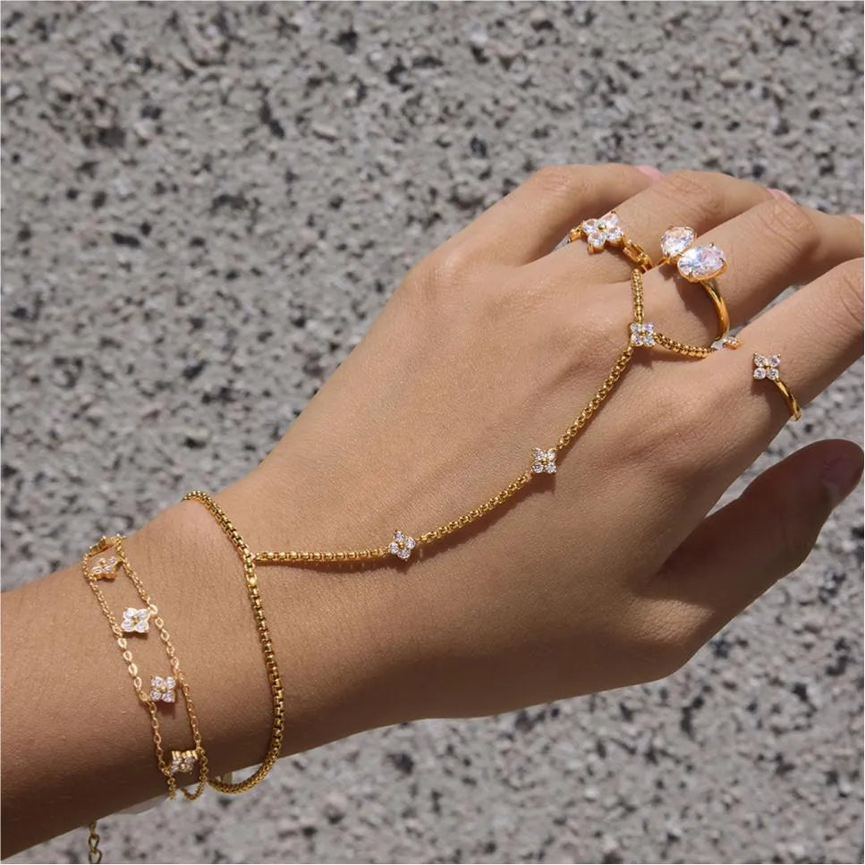 Waterproof Floral Hand Chain Bracelet with Ring