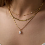 Waterproof Gold Herringbone & CZ Drop Layered Necklace