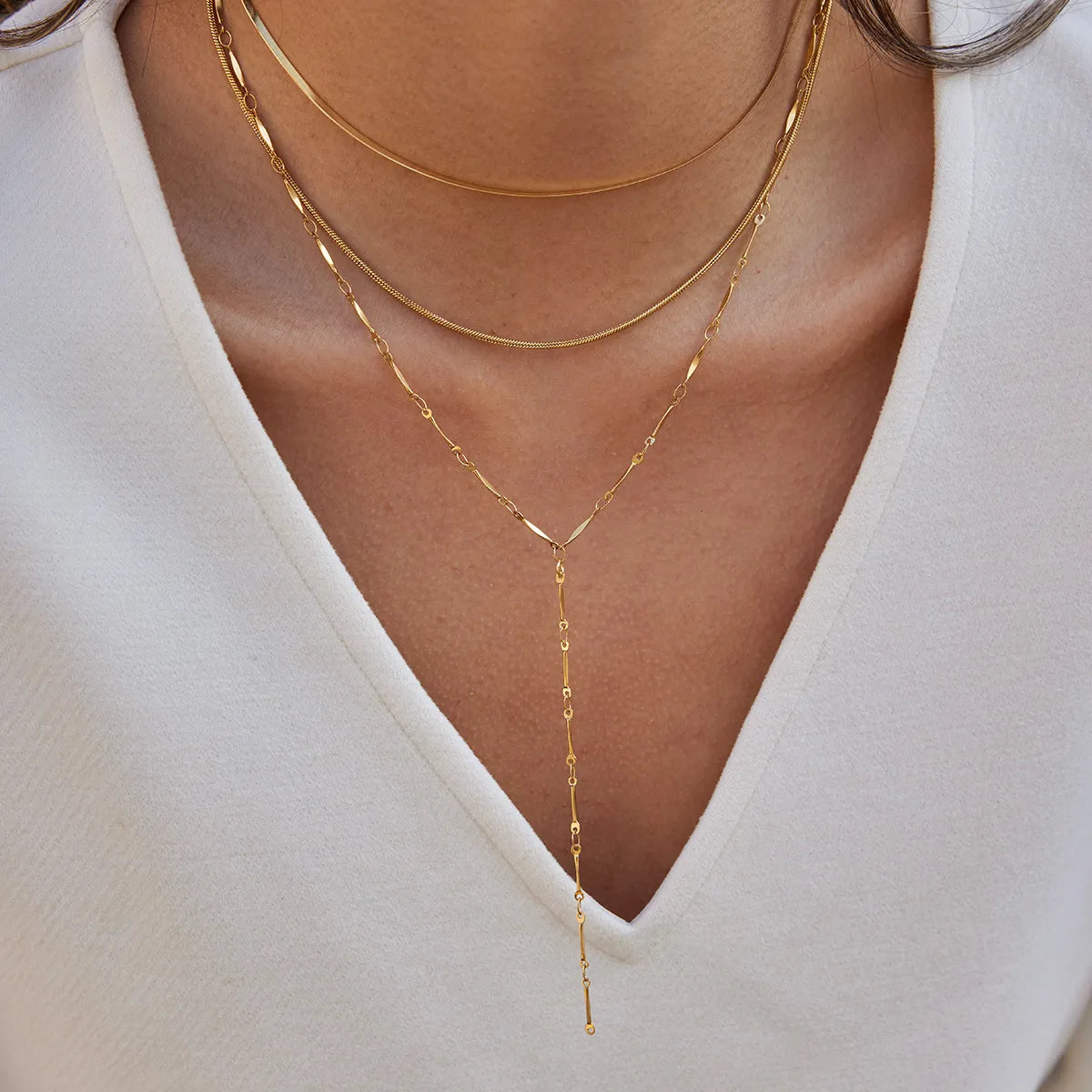 Waterproof Gold Herringbone & Y-Lariat Necklace
