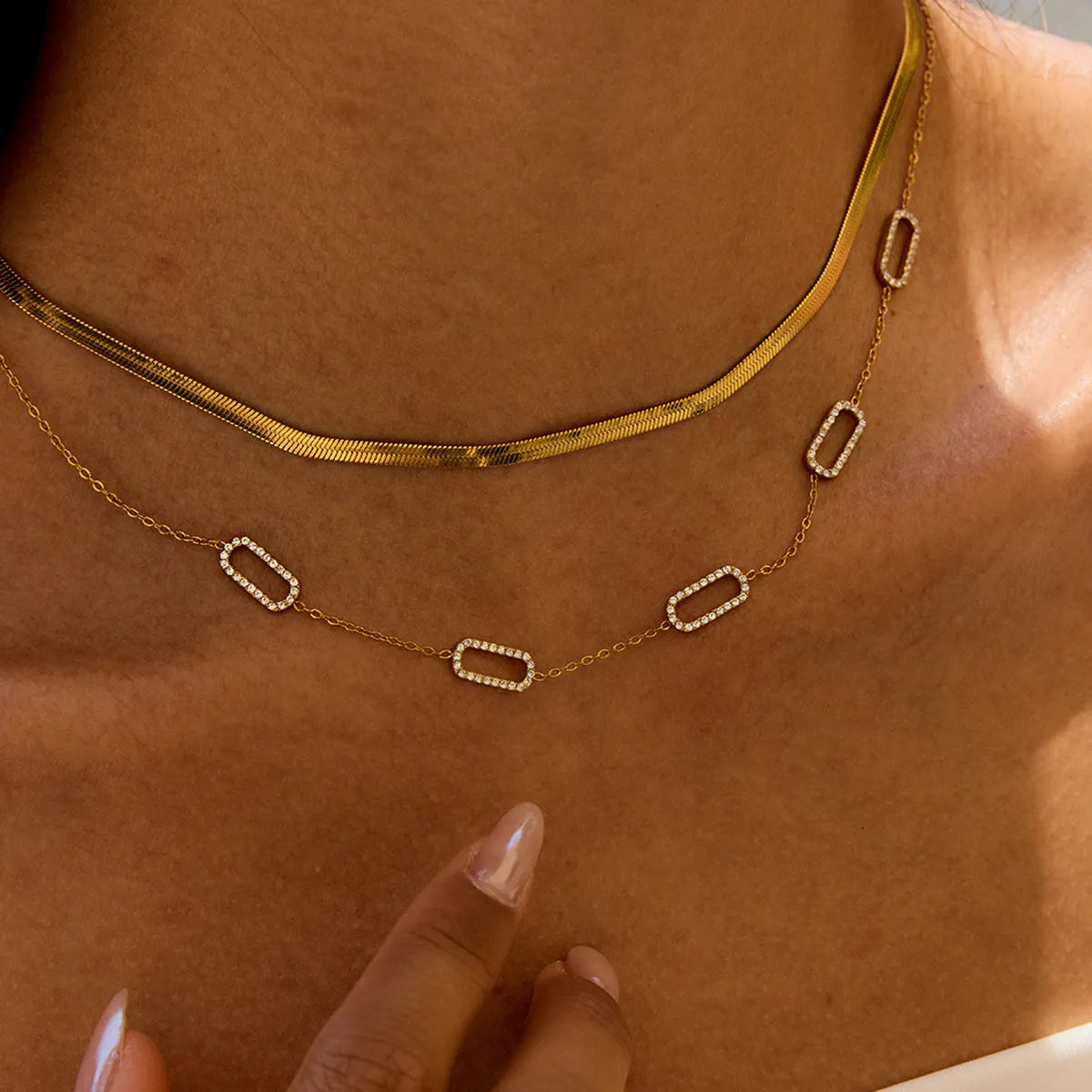 Waterproof Herringbone Stack CZ Station Necklace